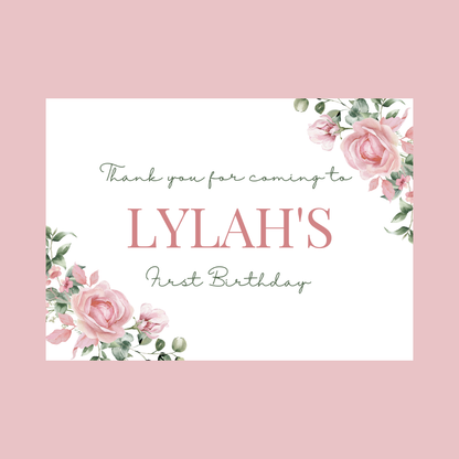 Rectangle Stickers | Pink Floral Roses Party Stickers | Birthday, Baby Shower, Christening Stickers | Party Bag Stickers