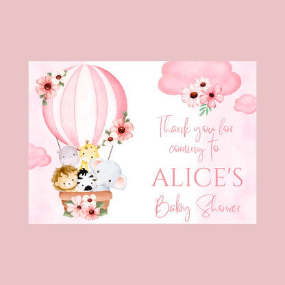 Rectangle Stickers | Pink Animal Air Balloon Party Stickers | Birthday, Baby Shower, Christening Stickers | Party Bag Stickers