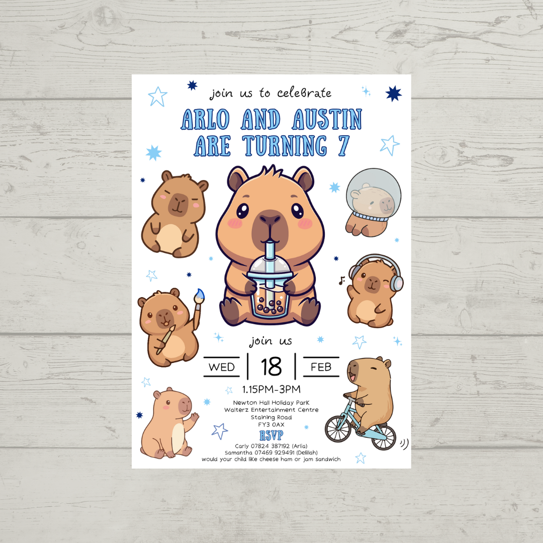 Blue Capybara Party Invitations | A6 Invites | Capybara Theme Invitations | Party Invitations - Dinky Designs