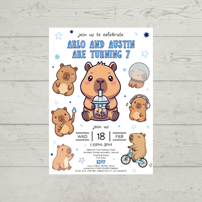 Blue Capybara Party Invitations | A6 Invites | Capybara Theme Invitations | Party Invitations - Dinky Designs