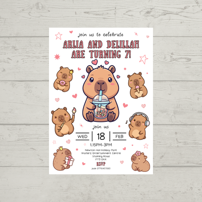 Pink Capybara Party Invitations | A6 Invites | Capybara Theme Invitations | Party Invitations - Dinky Designs