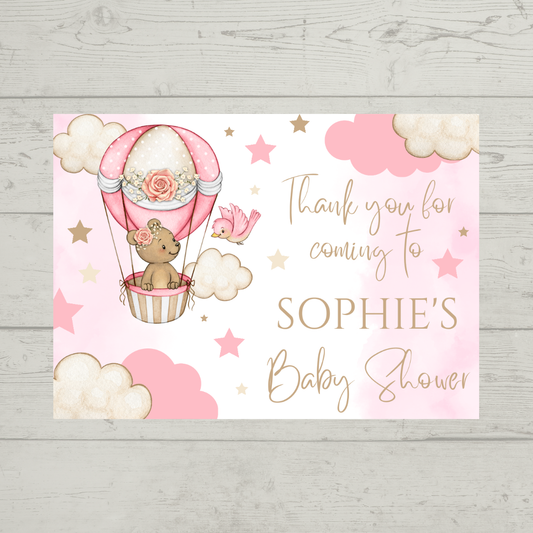 Rectangle Stickers | Pink Teddy Bear Hot Air Balloon Party Stickers | Birthday, Baby Shower, Christening Stickers | Party Bag Stickers
