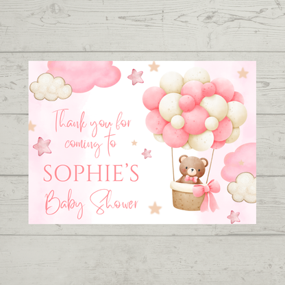 Rectangle Stickers | Pink Teddy Bear Hot Air Balloon Party Stickers | Birthday, Baby Shower, Christening Stickers | Party Bag Stickers