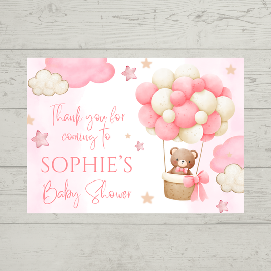 Rectangle Stickers | Pink Teddy Bear Hot Air Balloon Party Stickers | Birthday, Baby Shower, Christening Stickers | Party Bag Stickers