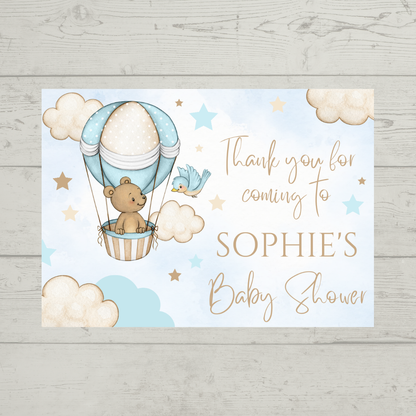 Rectangle Stickers | Blue Teddy Bird Cloud Hot Air Balloon Party Stickers | Birthday, Baby Shower, Christening Stickers | Party Bag Stickers