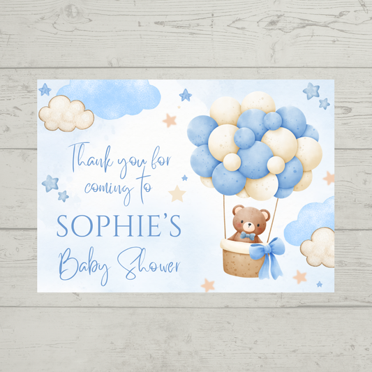 Rectangle Stickers | Blue Teddy Bear Hot Air Balloon Party Stickers | Birthday, Baby Shower, Christening Stickers | Party Bag Stickers