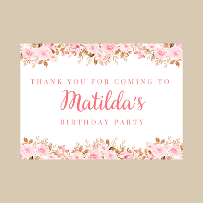 Rectangle Stickers | Pink Floral Roses Party Stickers | Birthday, Baby Shower, Christening Stickers | Party Bag Stickers