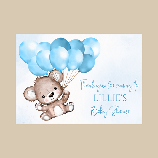 Rectangle Stickers | Blue Teddy Bear Balloon Party Stickers | Birthday, Baby Shower, Christening Stickers | Party Bag Stickers