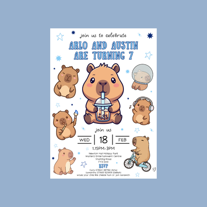 Blue Capybara Party Invitations | A6 Invites | Capybara Theme Invitations | Party Invitations - Dinky Designs