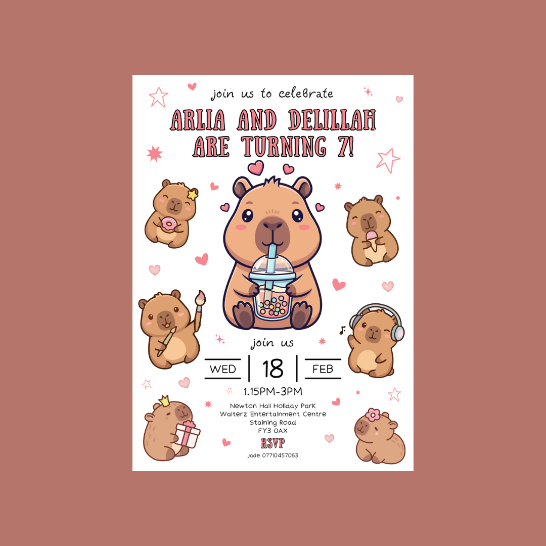 Pink Capybara Party Invitations | A6 Invites | Capybara Theme Invitations | Party Invitations - Dinky Designs