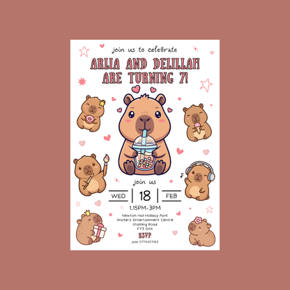 Pink Capybara Party Invitations | A6 Invites | Capybara Theme Invitations | Party Invitations - Dinky Designs
