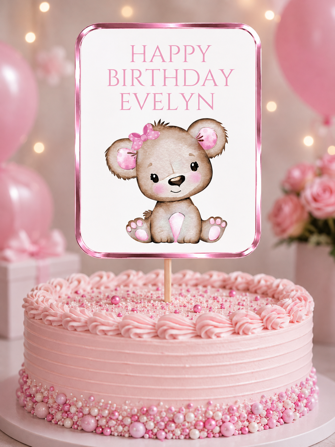 Cake Topper | Personalised Pink Teddy Bear Cake Topper | Pink Teddy Bear Party Supplies - Dinky Designs