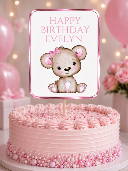 Cake Topper | Personalised Pink Teddy Bear Cake Topper | Pink Teddy Bear Party Supplies - Dinky Designs
