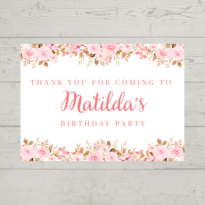 Rectangle Stickers | Pink Floral Roses Party Stickers | Birthday, Baby Shower, Christening Stickers | Party Bag Stickers