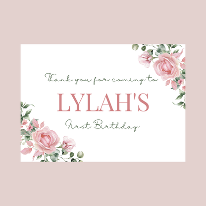 Rectangle Stickers | Pink Floral Roses Party Stickers | Birthday, Baby Shower, Christening Stickers | Party Bag Stickers