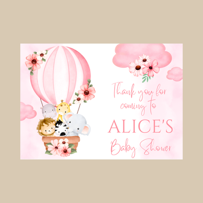 Rectangle Stickers | Pink Animal Air Balloon Party Stickers | Birthday, Baby Shower, Christening Stickers | Party Bag Stickers