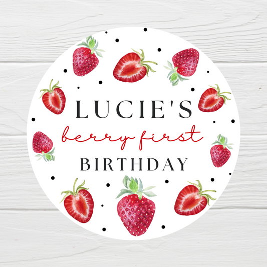 Strawberry Birthday Party Stickers | Circle Stickers | Sticker Sheet | Party Stickers | Strawberry Party Theme