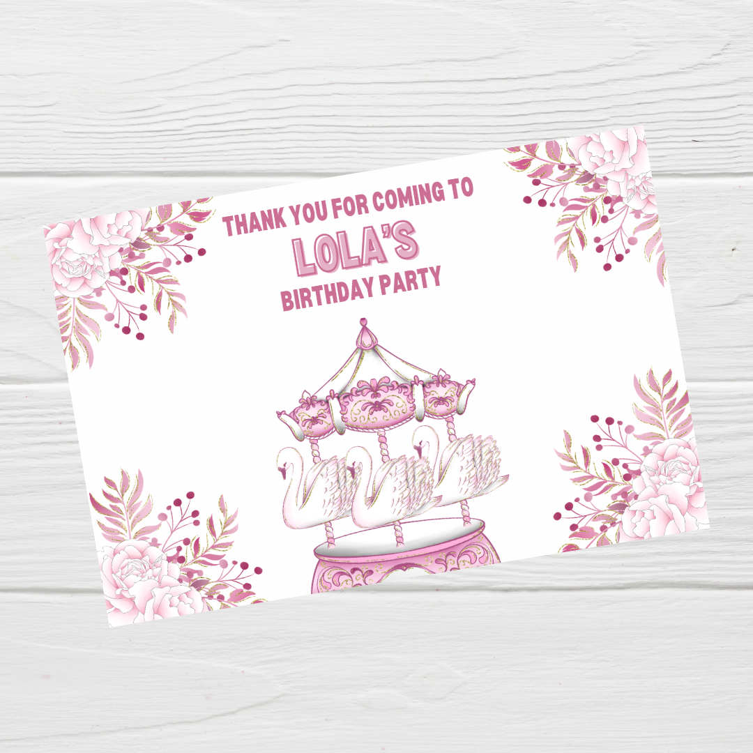 Rectangle Stickers | Floral Pink Swan Carousel Party Stickers | Party Bag Stickers