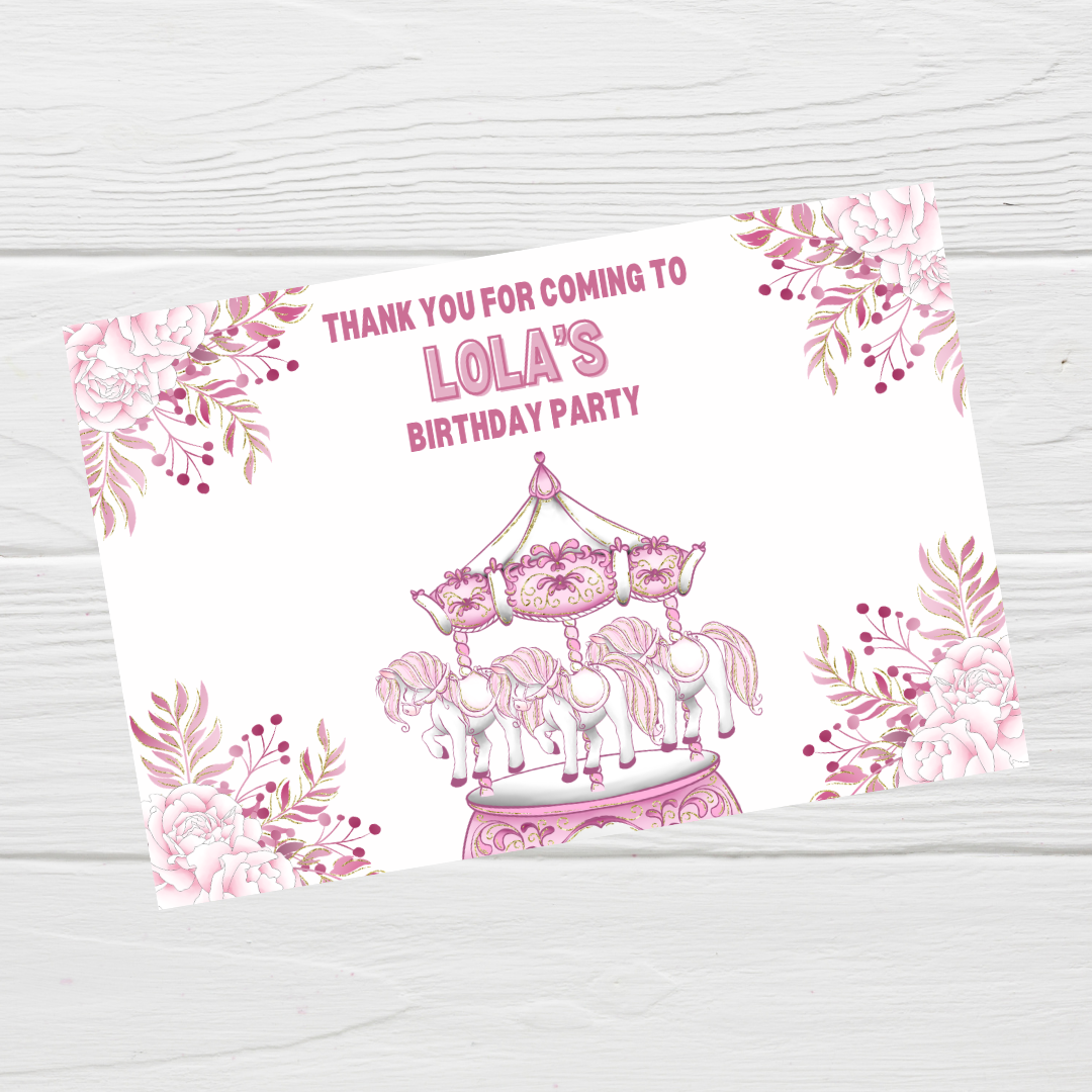 Rectangle Stickers | Floral Pink Horse Pony Carousel Party Stickers | Party Bag Stickers