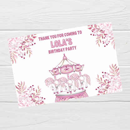 Rectangle Stickers | Floral Pink Horse Pony Carousel Party Stickers | Party Bag Stickers