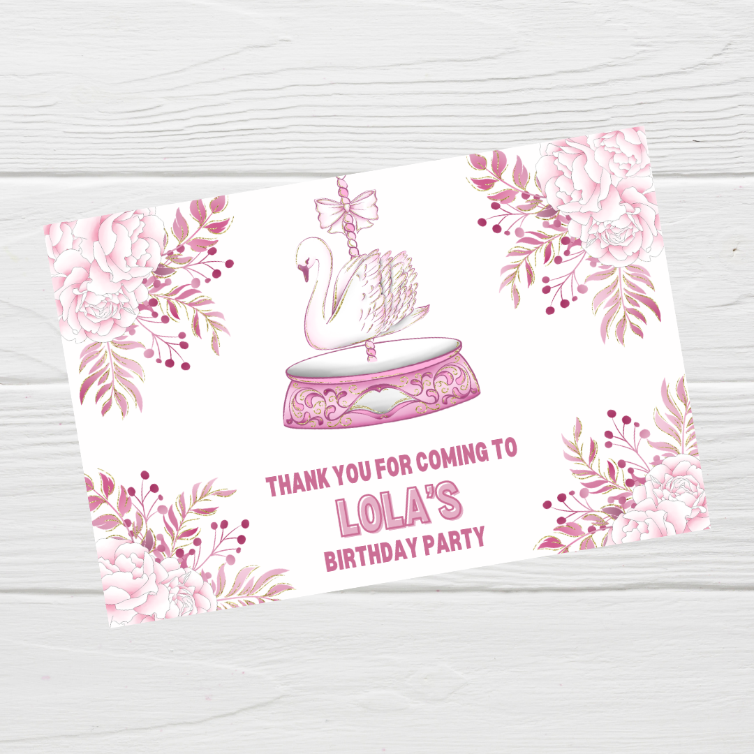 Rectangle Stickers | Floral Pink Swan Carousel Party Stickers | Party Bag Stickers
