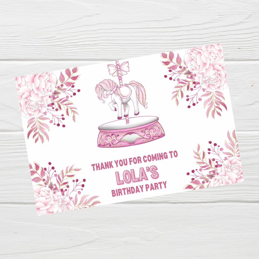 Rectangle Stickers | Floral Pink Horse Pony Carousel Party Stickers | Party Bag Stickers