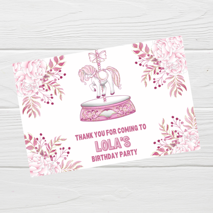 Rectangle Stickers | Floral Pink Horse Pony Carousel Party Stickers | Party Bag Stickers