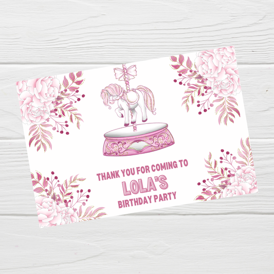 Rectangle Stickers | Floral Pink Horse Pony Carousel Party Stickers | Party Bag Stickers