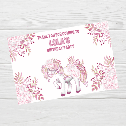 Rectangle Stickers | Floral Pink Horse Pony Carousel Party Stickers | Party Bag Stickers