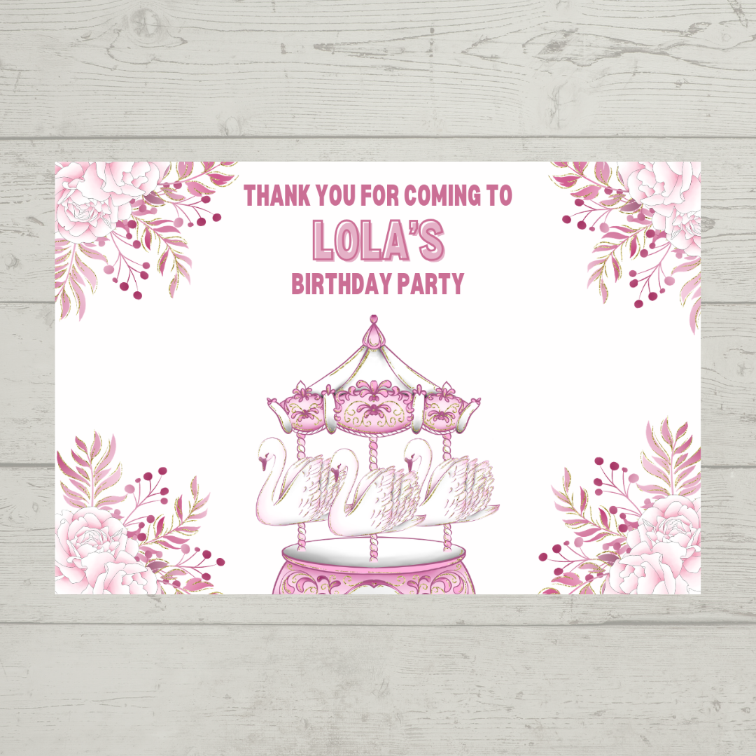 Rectangle Stickers | Floral Pink Swan Carousel Party Stickers | Party Bag Stickers