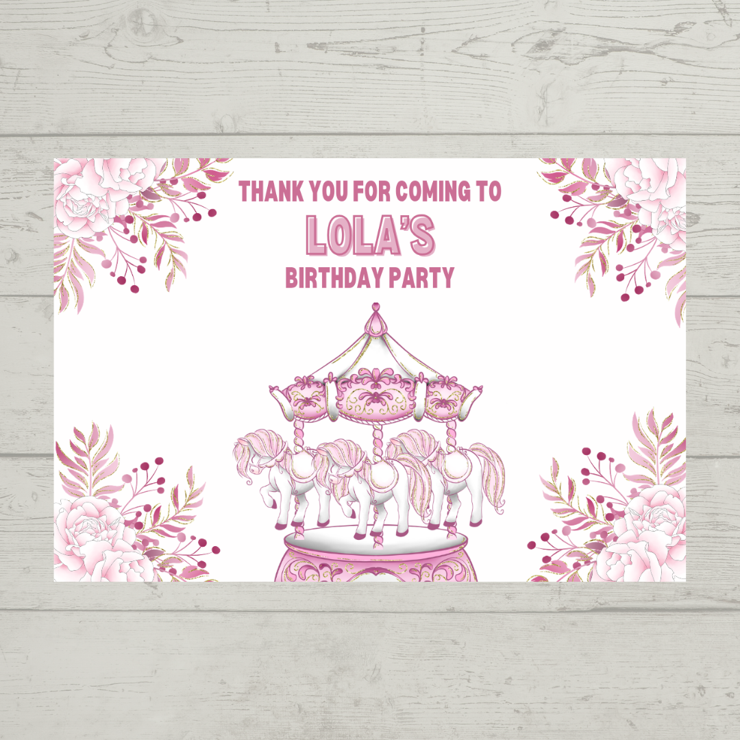 Rectangle Stickers | Floral Pink Horse Pony Carousel Party Stickers | Party Bag Stickers