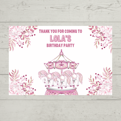 Rectangle Stickers | Floral Pink Horse Pony Carousel Party Stickers | Party Bag Stickers