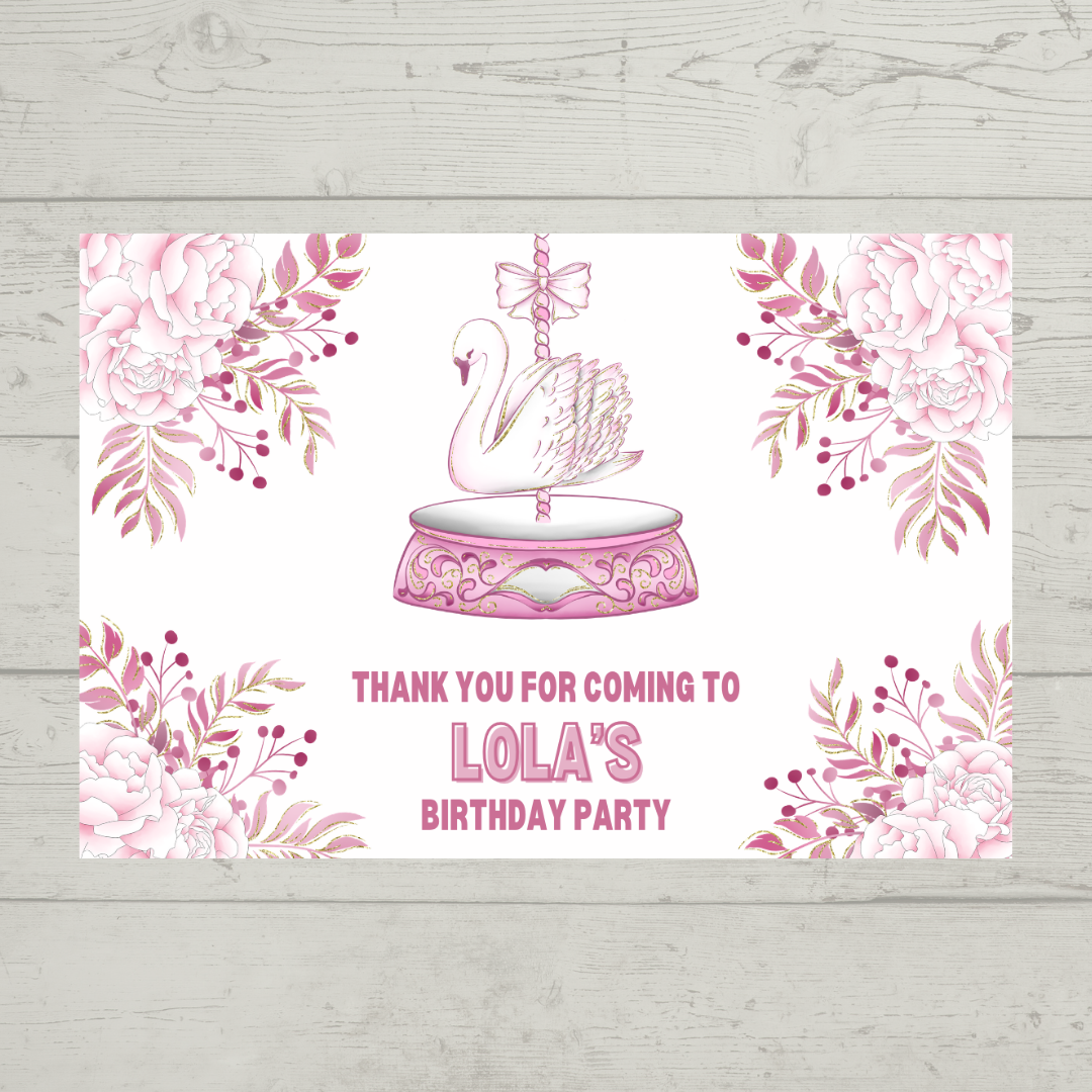 Rectangle Stickers | Floral Pink Swan Carousel Party Stickers | Party Bag Stickers