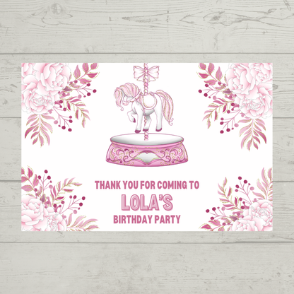 Rectangle Stickers | Floral Pink Horse Pony Carousel Party Stickers | Party Bag Stickers