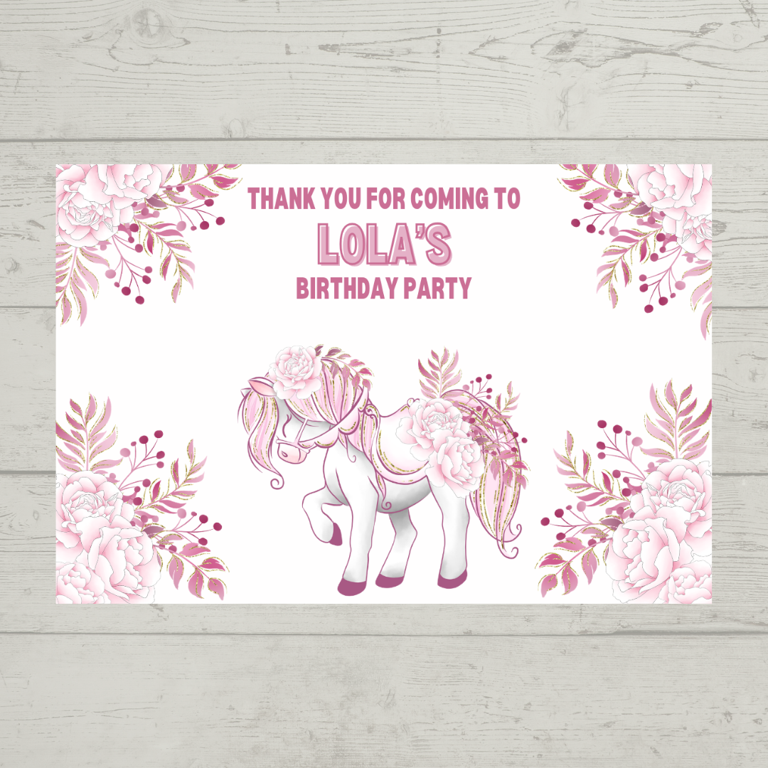 Rectangle Stickers | Floral Pink Horse Pony Carousel Party Stickers | Party Bag Stickers