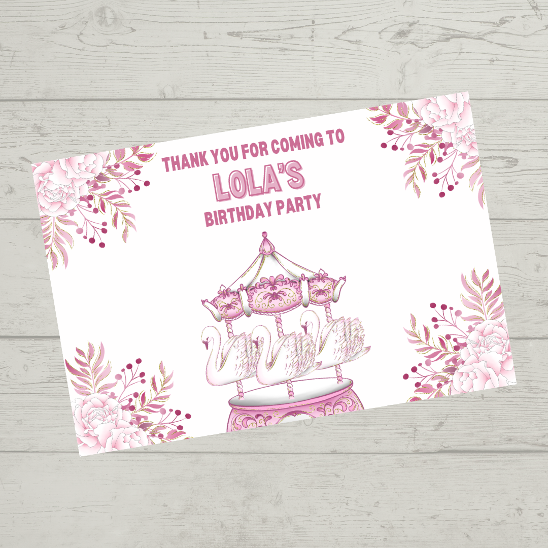 Rectangle Stickers | Floral Pink Swan Carousel Party Stickers | Party Bag Stickers