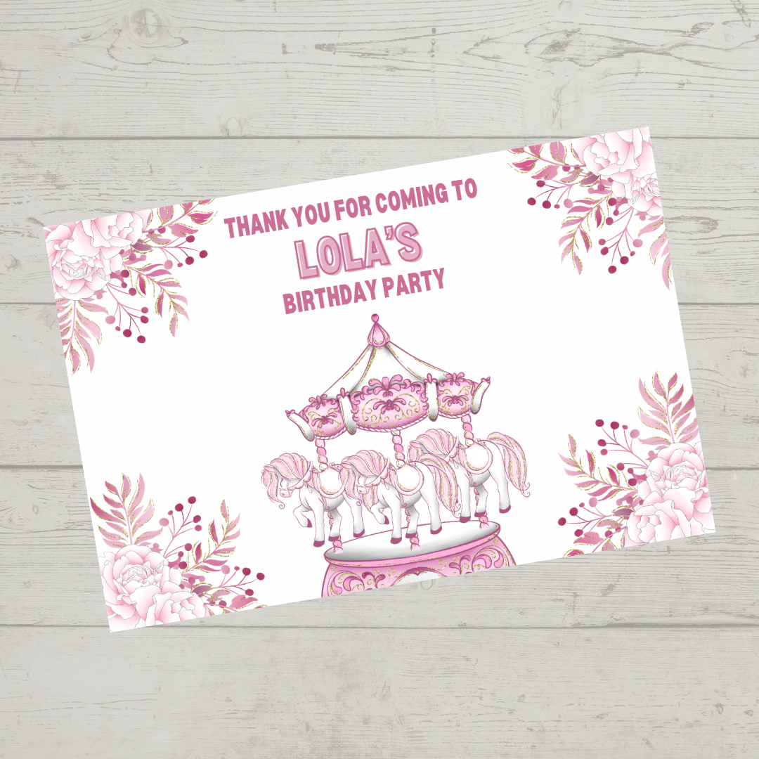 Rectangle Stickers | Floral Pink Horse Pony Carousel Party Stickers | Party Bag Stickers