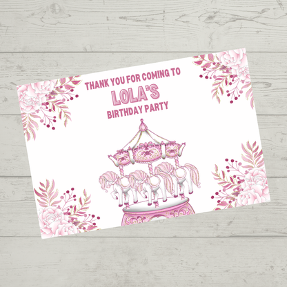 Rectangle Stickers | Floral Pink Horse Pony Carousel Party Stickers | Party Bag Stickers