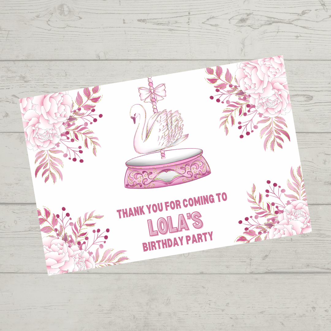 Rectangle Stickers | Floral Pink Swan Carousel Party Stickers | Party Bag Stickers
