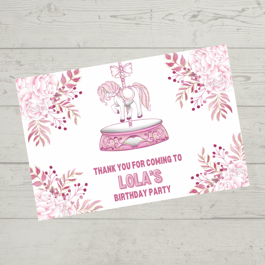 Rectangle Stickers | Floral Pink Horse Pony Carousel Party Stickers | Party Bag Stickers