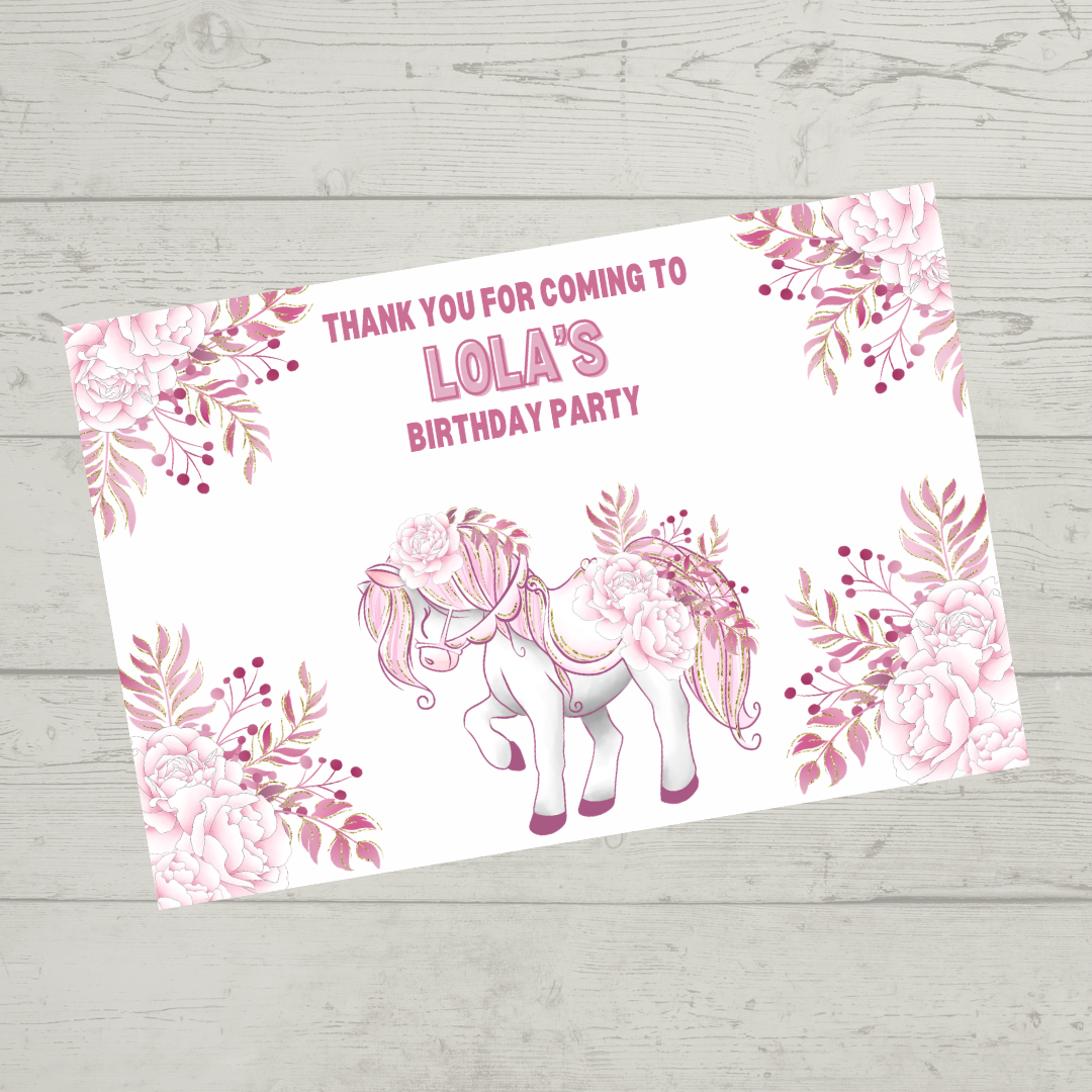 Rectangle Stickers | Floral Pink Horse Pony Carousel Party Stickers | Party Bag Stickers