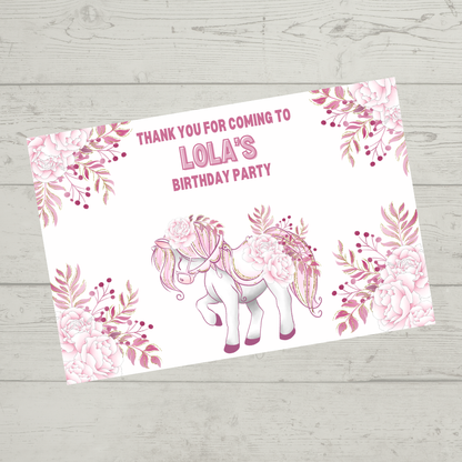 Rectangle Stickers | Floral Pink Horse Pony Carousel Party Stickers | Party Bag Stickers