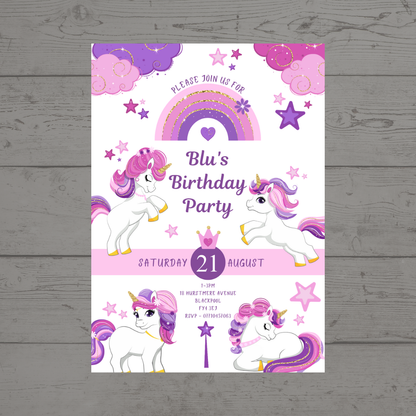 Unicorn Pink Purple Birthday Invitations | A6 Invites | Unicorn Theme Invitations | Party Invitations