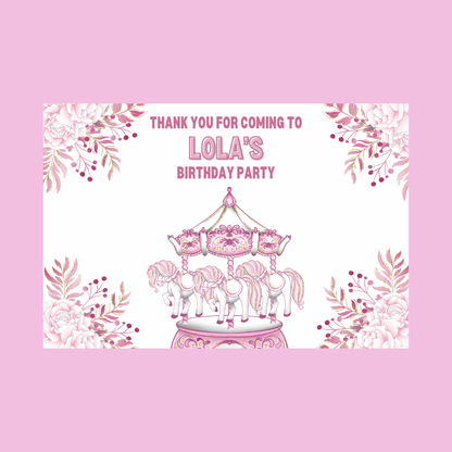 Rectangle Stickers | Floral Pink Horse Pony Carousel Party Stickers | Party Bag Stickers