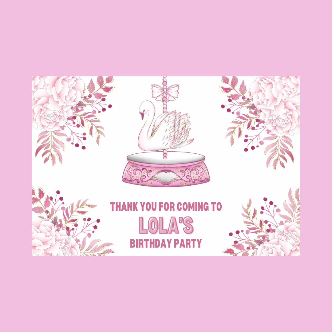 Rectangle Stickers | Floral Pink Swan Carousel Party Stickers | Party Bag Stickers