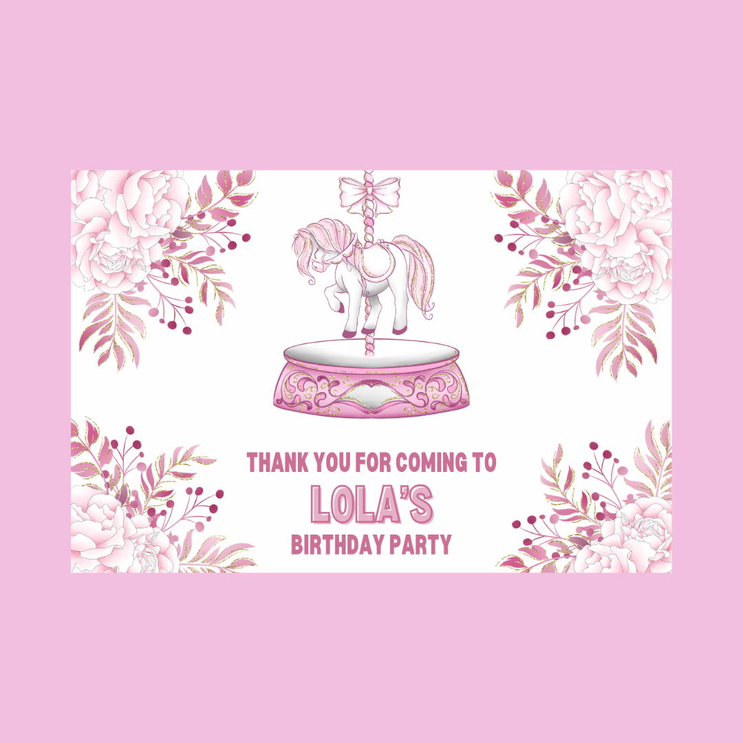 Rectangle Stickers | Floral Pink Horse Pony Carousel Party Stickers | Party Bag Stickers