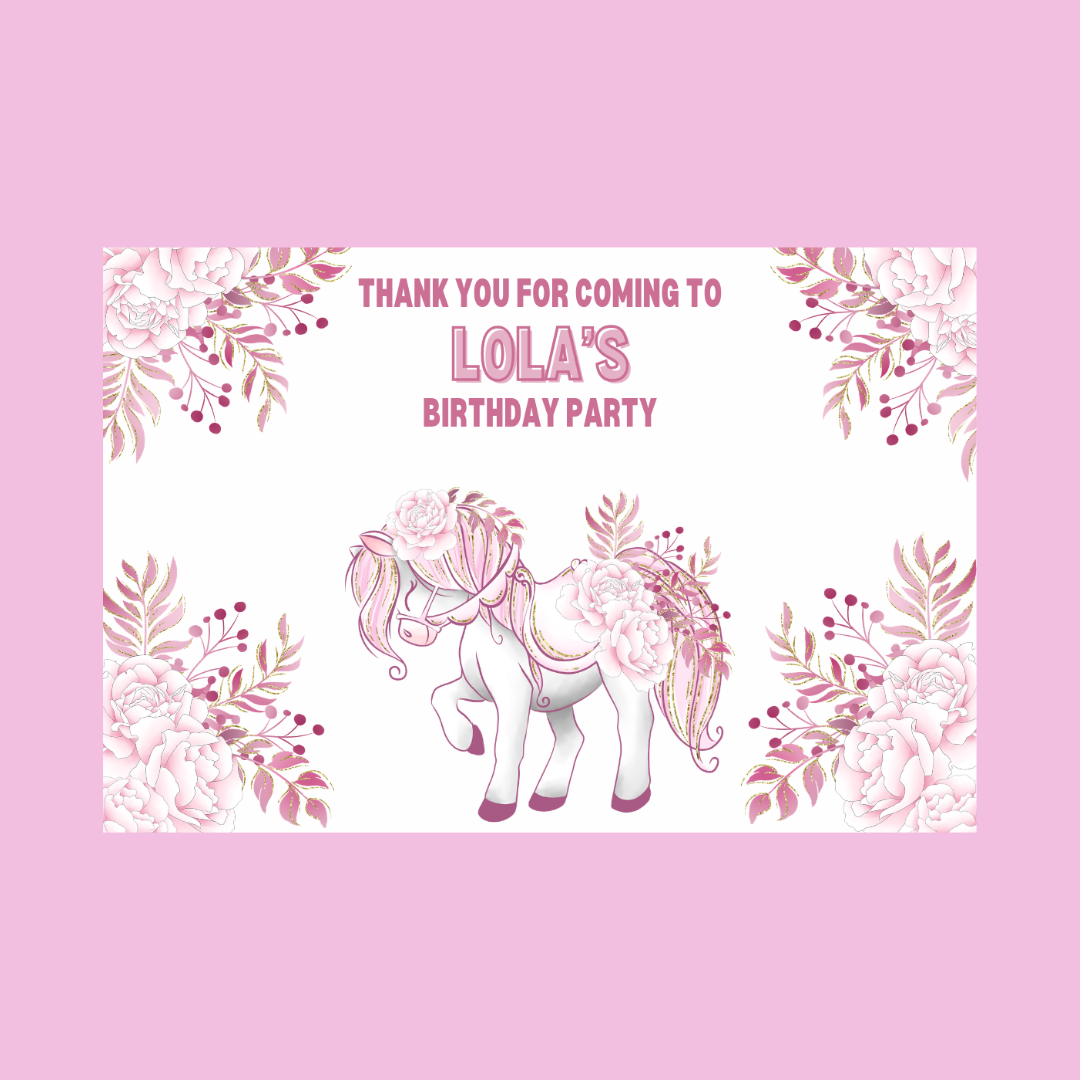 Rectangle Stickers | Floral Pink Horse Pony Carousel Party Stickers | Party Bag Stickers