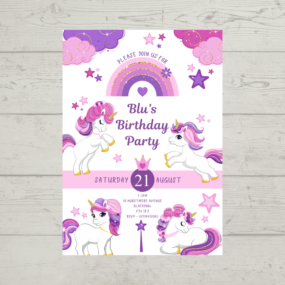 Unicorn Pink Purple Birthday Invitations | A6 Invites | Unicorn Theme Invitations | Party Invitations