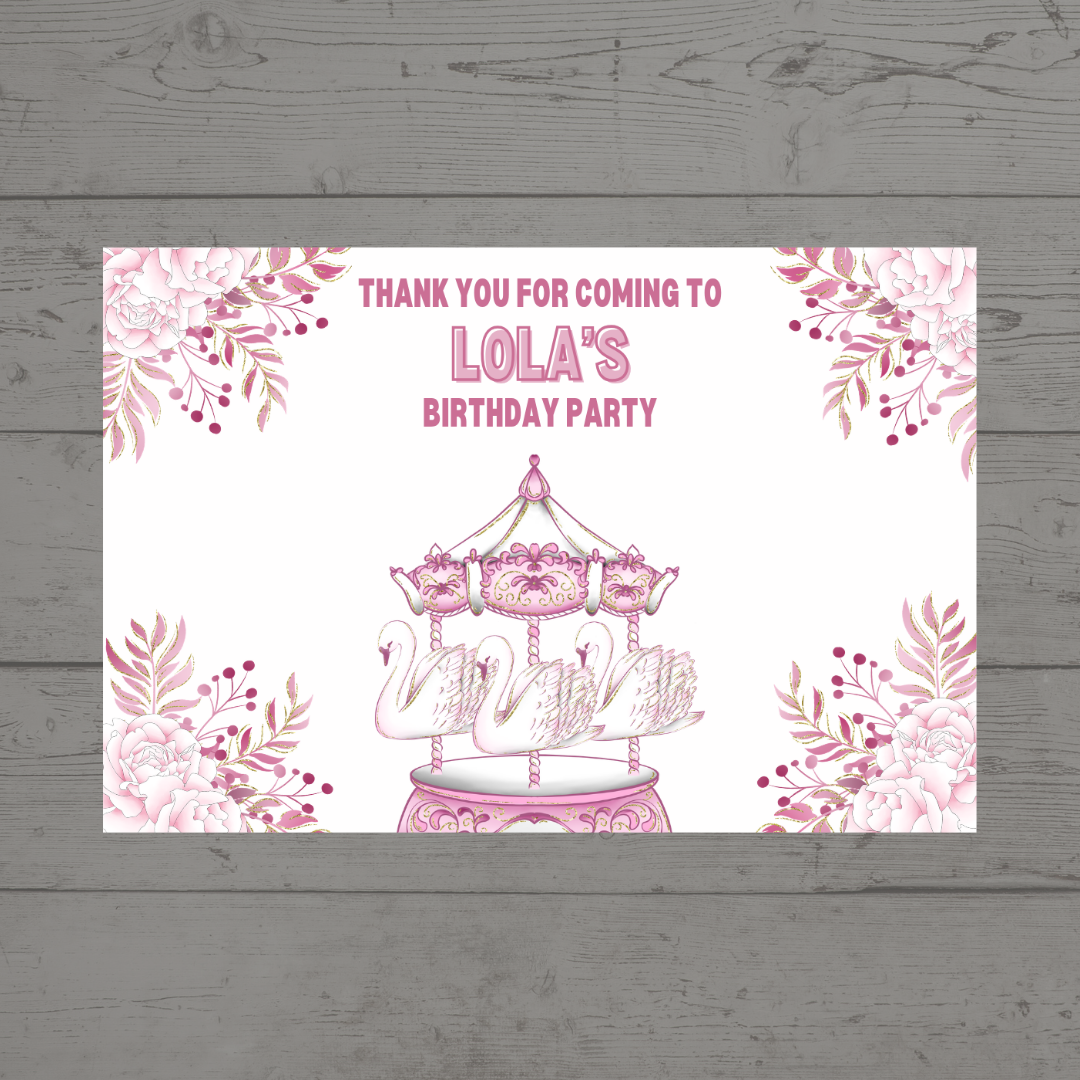 Rectangle Stickers | Floral Pink Swan Carousel Party Stickers | Party Bag Stickers
