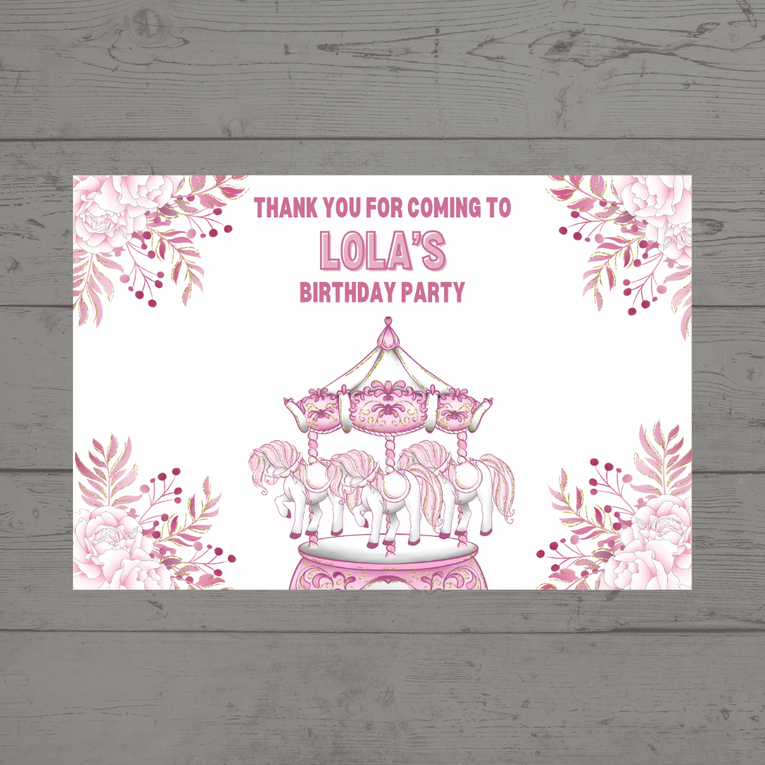 Rectangle Stickers | Floral Pink Horse Pony Carousel Party Stickers | Party Bag Stickers